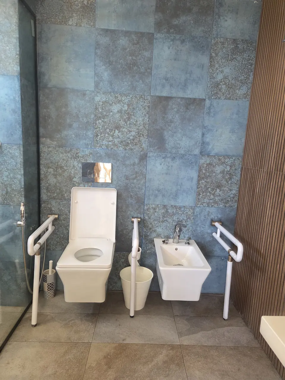 WC et bidet équipés de barres d’appui dans la salle de bain adaptée